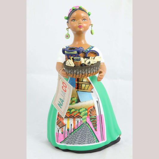 Lupita NAJACO Ceramic Figurine/Doll Mexican Folk Art Basket Kitchenware Green