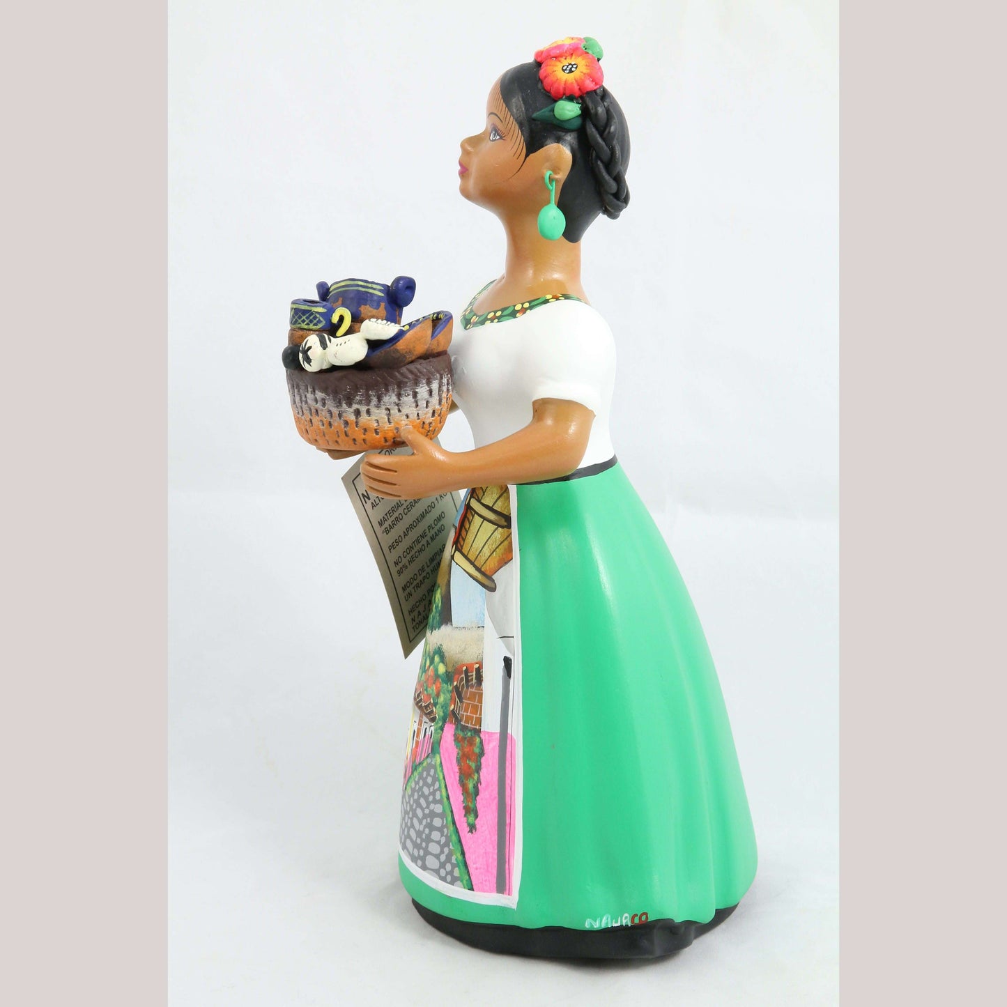 Lupita NAJACO Ceramic Figurine/Doll Mexican Folk Art Basket Kitchenware Green #2
