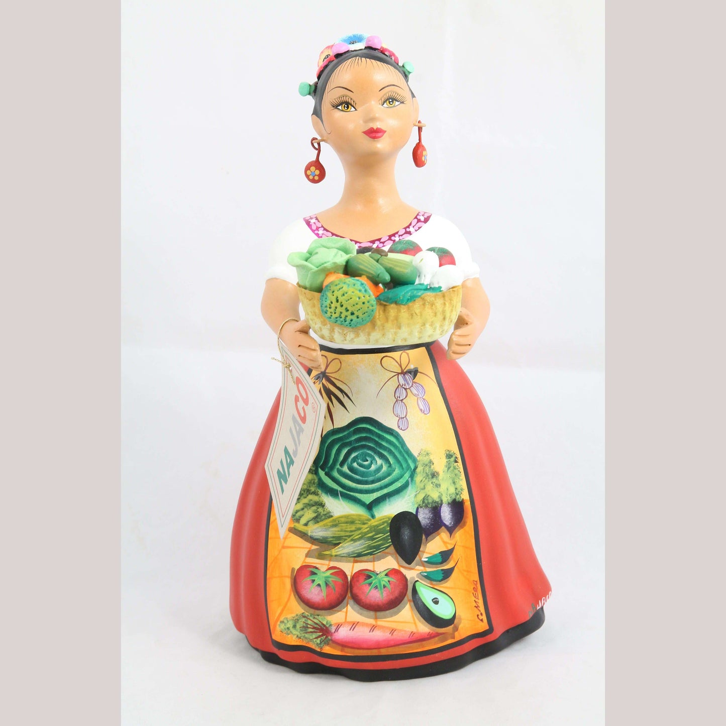 Lupita NAJACO Ceramic Figurine/Doll Mexico Folk Art Basket Vegetables Red #2