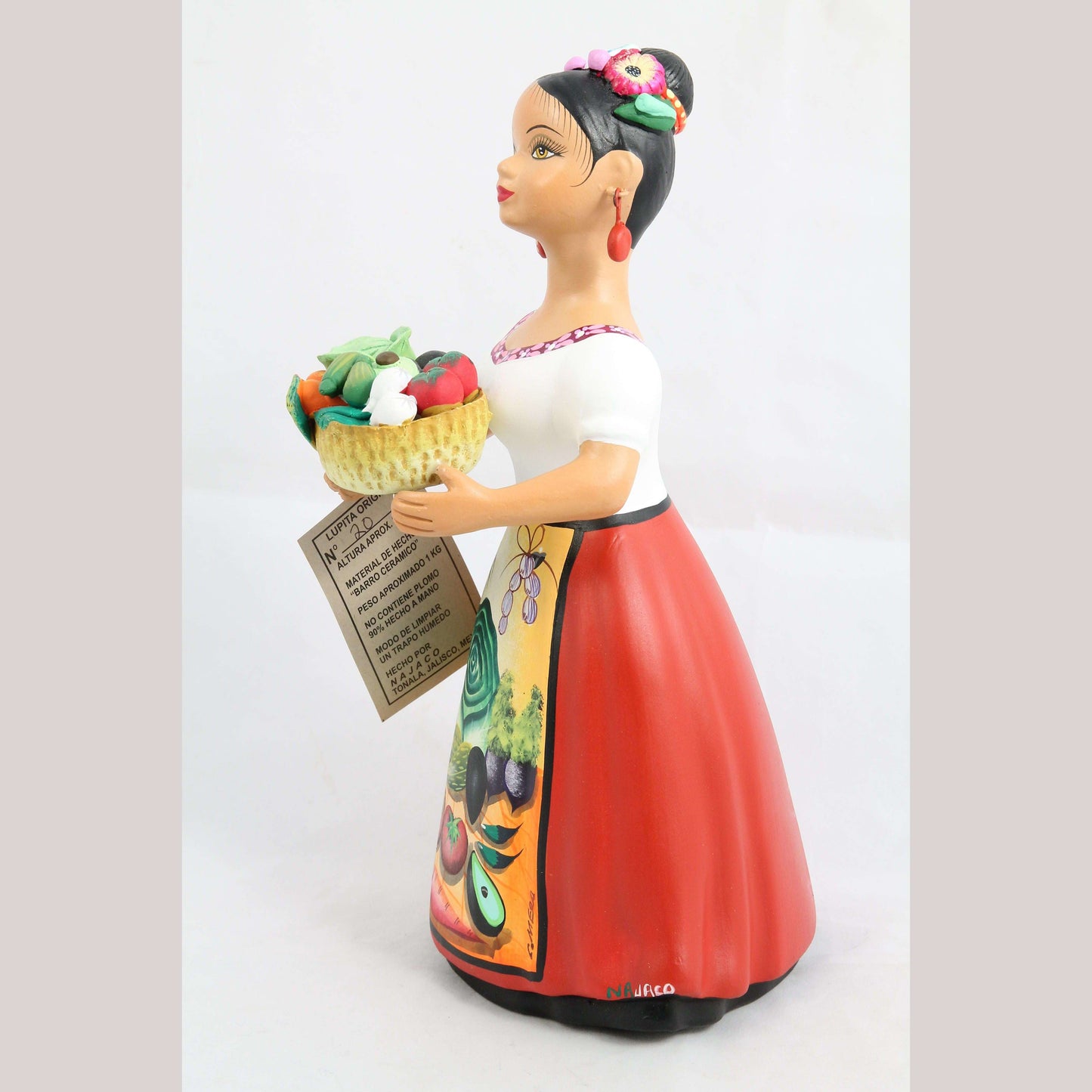 Lupita NAJACO Ceramic Figurine/Doll Mexico Folk Art Basket Vegetables Red #2