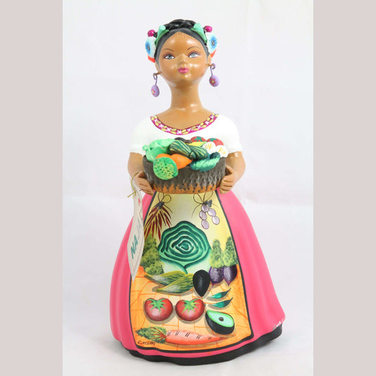 Lupita Ceramic Figurine Basket Vegetables Mexican Folk Art Fuchsia