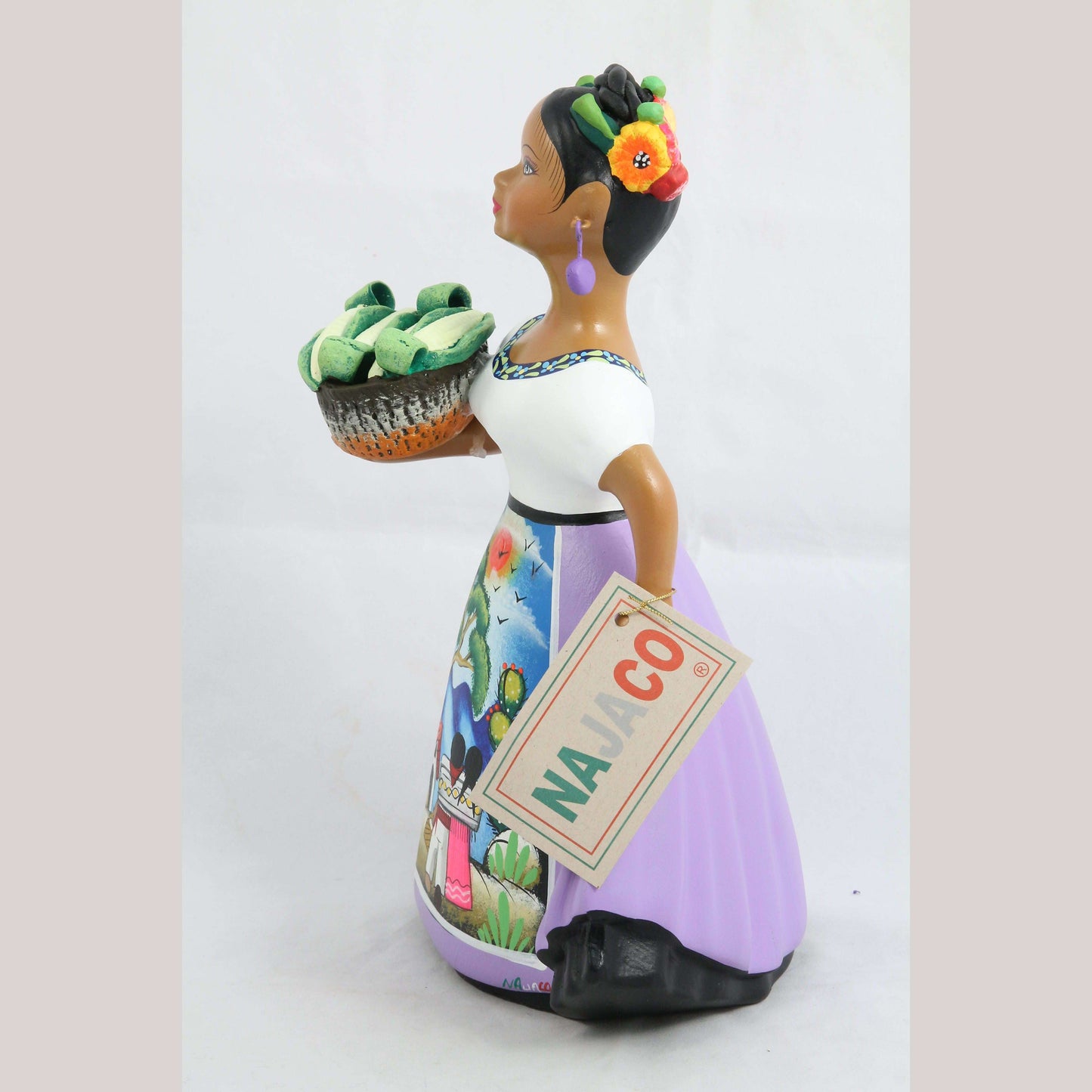 Lupita NAJACO Ceramic Figurine Mexico Folk Art Décor whole corn Basket Espanola Lilac