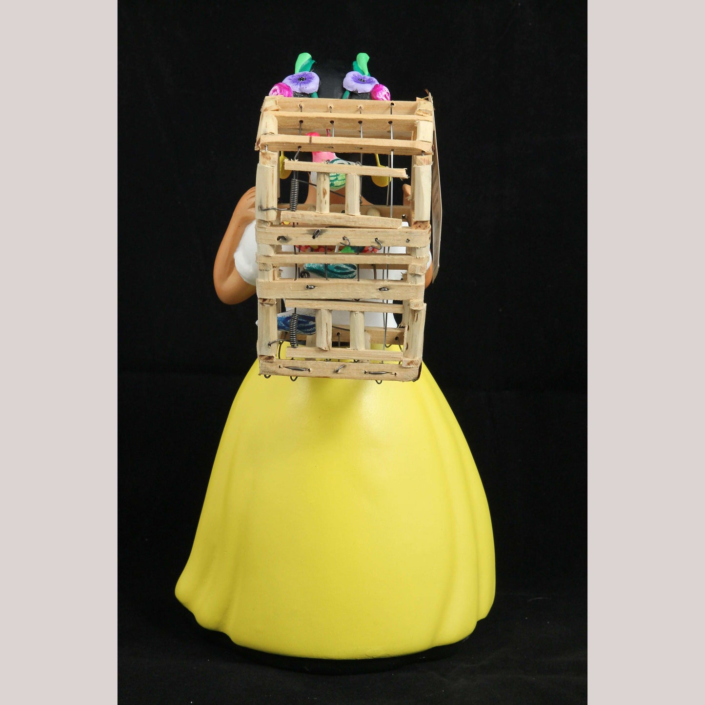Lupita NAJACO Ceramic Doll Figurine Mexican Folk Art Back Cage Bird Yellow