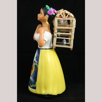 Lupita NAJACO Ceramic Doll Figurine Mexican Folk Art Back Cage Bird Yellow
