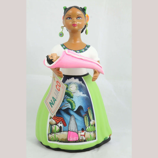 Lupita NAJACO Ceramic Figurine/Doll Mexican Folk Art  Holding Baby Lime Green