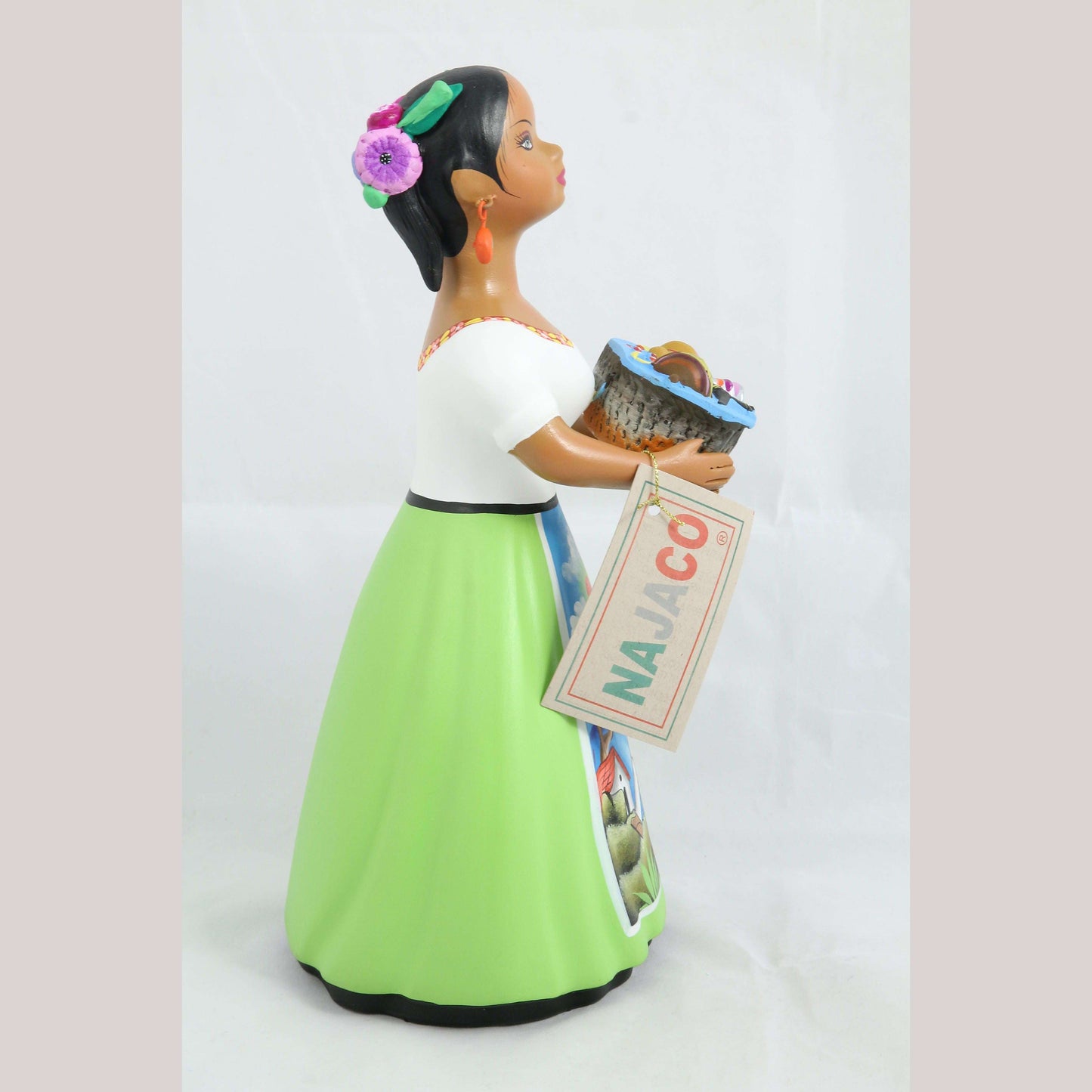 Lupita NAJACO Ceramic Doll/Figurine Mexican Folk Art Basket Toys Lime Green