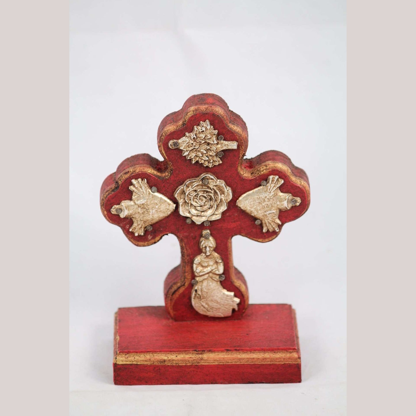 New Wood on Stand Cross/Milagros Mexican Folk Art Hand Made/Painted Gold Rose
