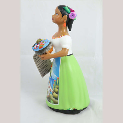 Lupita NAJACO Ceramic Doll/Figurine Mexican Folk Art Basket Toys Lime Green