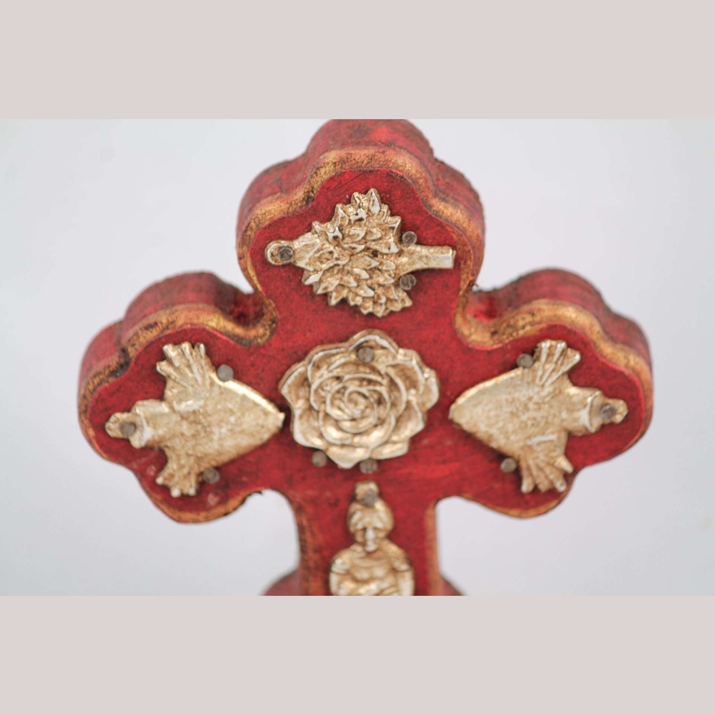 New Wood on Stand Cross/Milagros Mexican Folk Art Hand Made/Painted Gold Rose