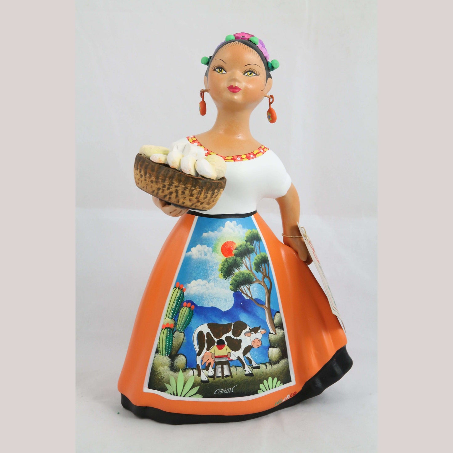 Lupita Najaco Ceramic Doll/Figurine Pottery Mexican Art Cheese Basket Orange