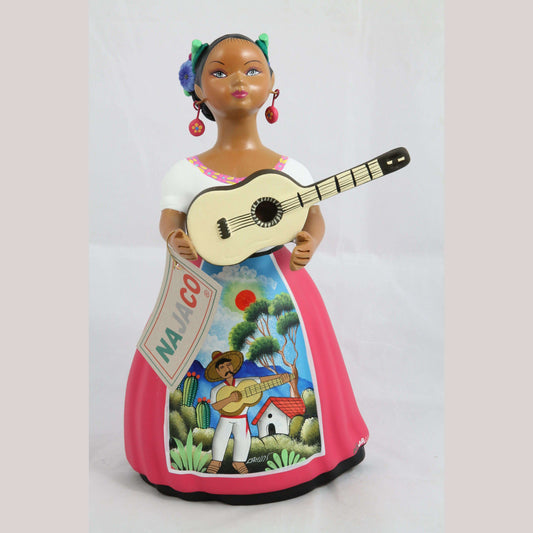 Lupita Najaco Ceramic/Pottery Doll/Figurine w Guitar Mexican Folk Art Fuchsia #2