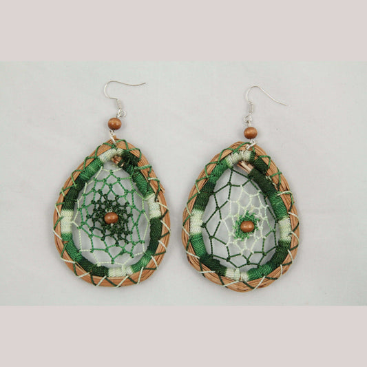 Hand Made Earrings Jewelry Mexican Folk Wearable Art Dream Catcher Green