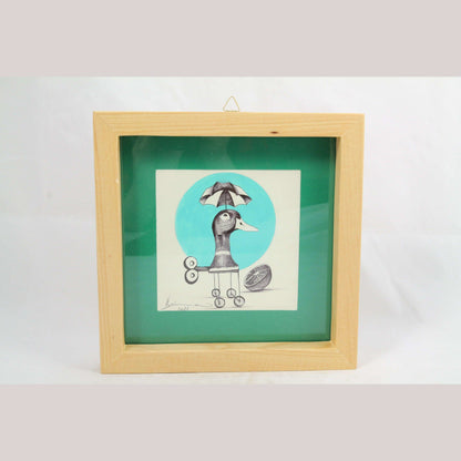 Mexican Acrylic Fine Art Painting Sign Décor Framed Hermes Diaz Duck Head/Wheel