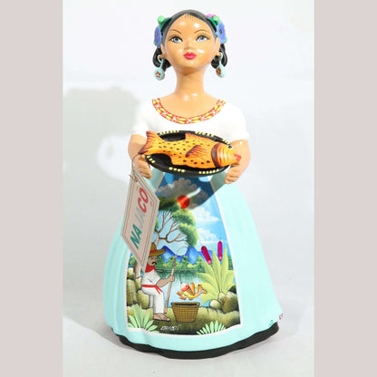 Lupita Doll w Plate of Fish Pastel Color Dress Mexican Ceramic Folk Art
