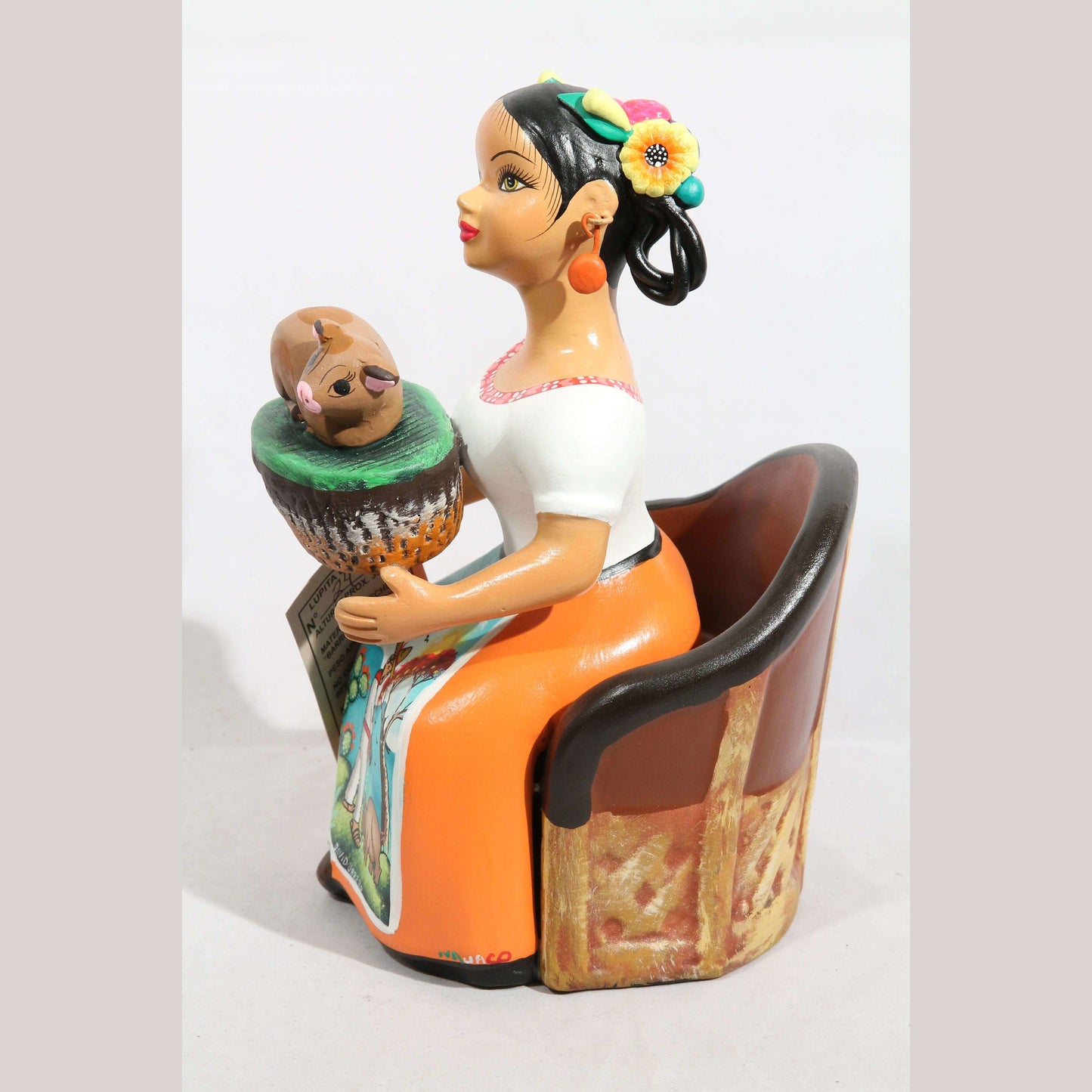 Lupita Doll Sitting Piglet Basket Orange Skirt Ceramic Mexican Folk Art