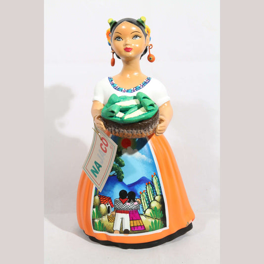 Lupita Najaco Ceramic Doll/Figurine Corn Basket Mexican Folk Art Decor Orange