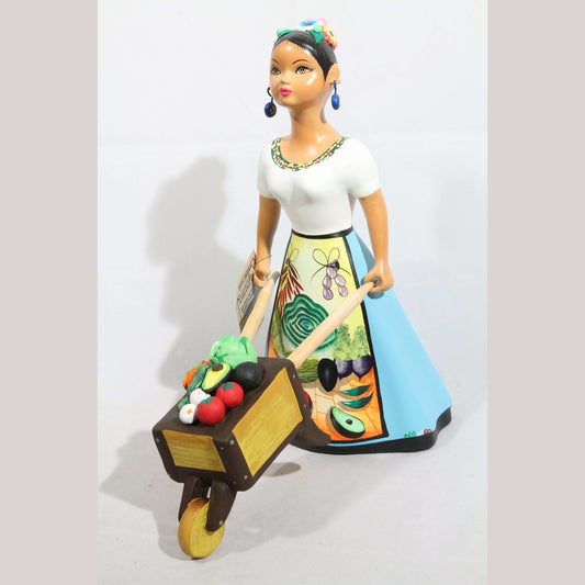 Lupita Najaco Ceramic Doll w Cart Vegetables Mexican, Aqua Skirt