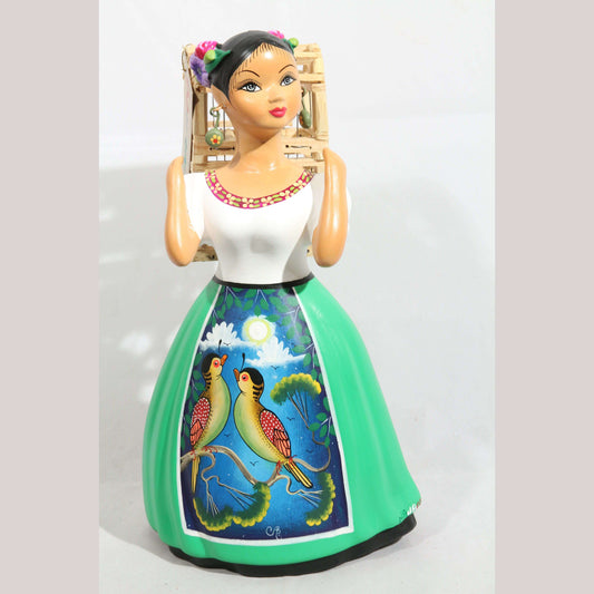 Lupita NAJACO Ceramic Doll Figurine Mexico Folk Art Back Cage Bird Green