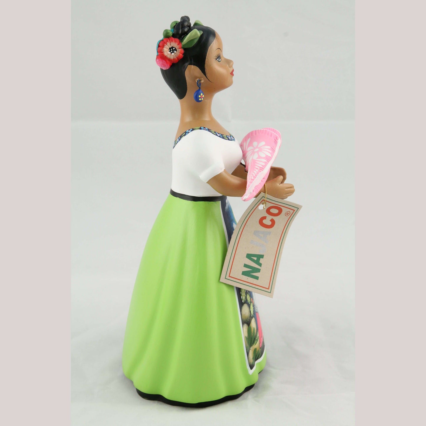 Lupita Doll Figurine Ceramic Mexican Folk Art Holding Baby Lime Green