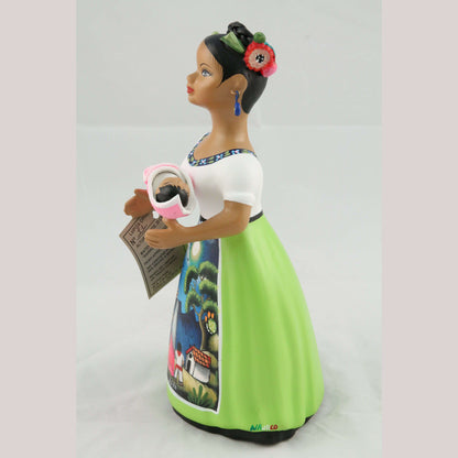 Lupita Doll Figurine Ceramic Mexican Folk Art Holding Baby Lime Green