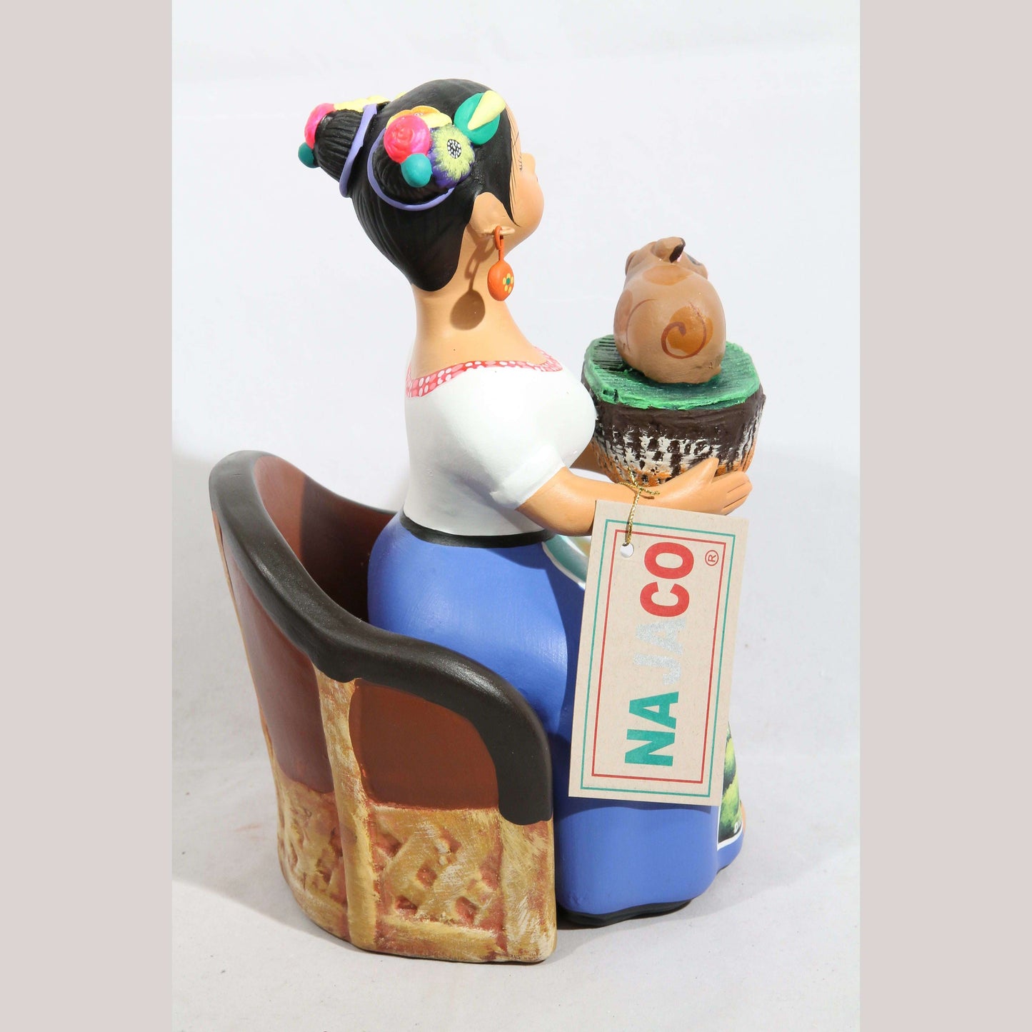 Lupita Doll Sitting Piglet Basket Royal Blue Skirt Ceramic Mexican #2
