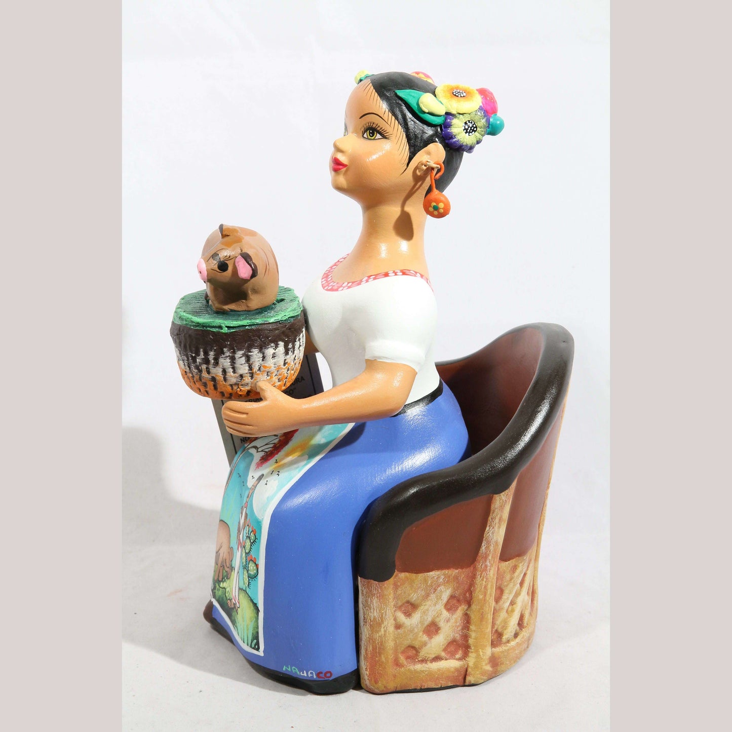 Lupita Doll Sitting Piglet Basket Royal Blue Skirt Ceramic Mexican #2