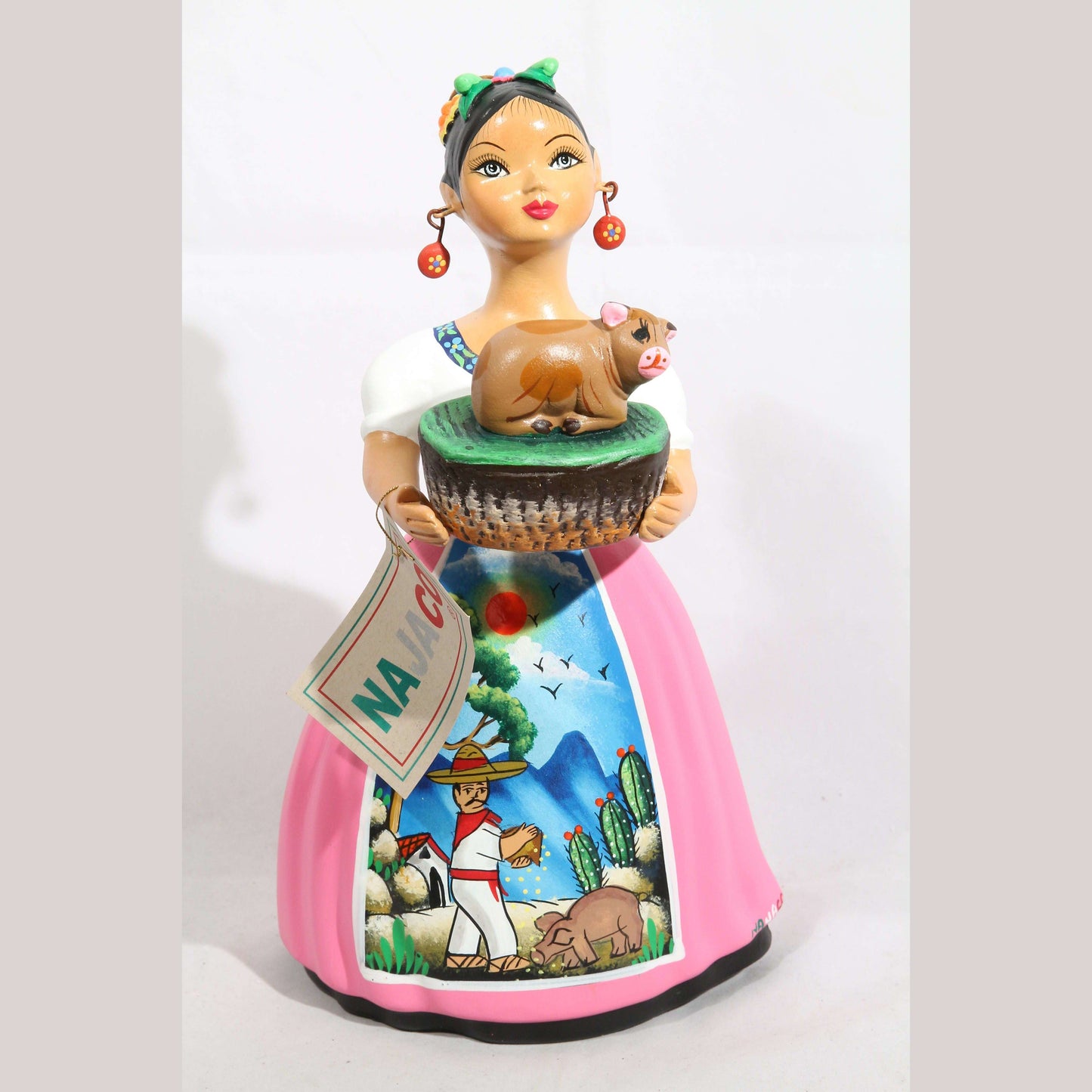 Lupita NAJACO Ceramic Basket w Piglet Doll Mexican Pottery Pink Skirt