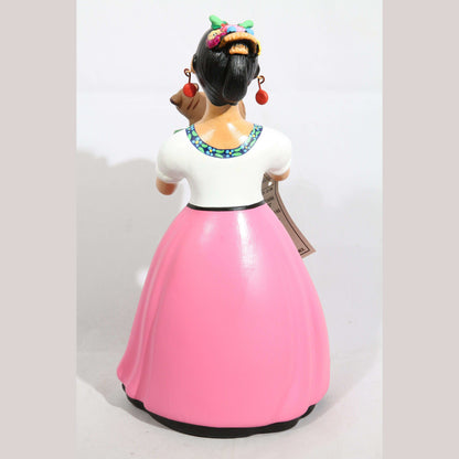 Lupita NAJACO Ceramic Basket w Piglet Doll Mexican Pottery Pink Skirt