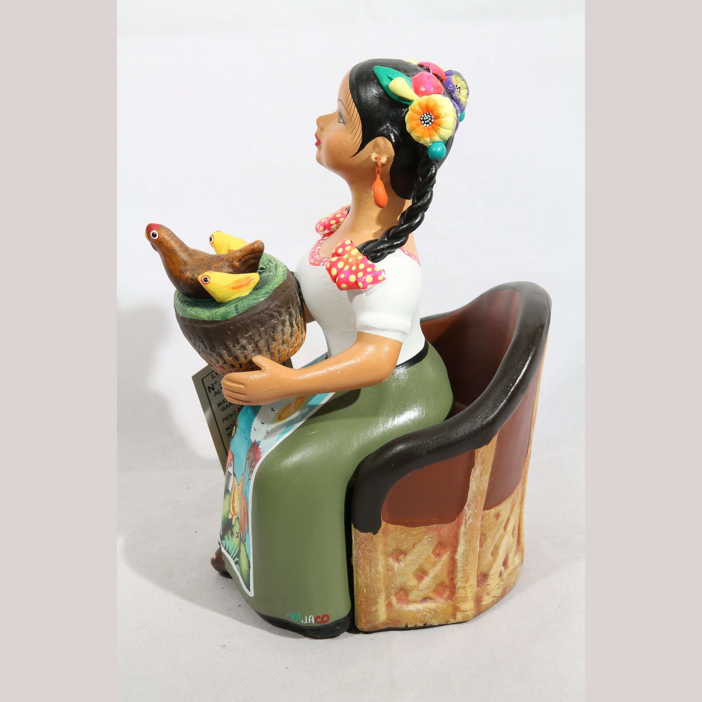 Lupita Najaco Ceramic Doll Sitting Basket of Chicken/Chicks Olive Skirt
