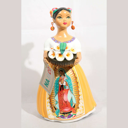 Lupita NAJACO Ceramic Doll Mexico Our Lady Guadalupe Lilies Mustard #3