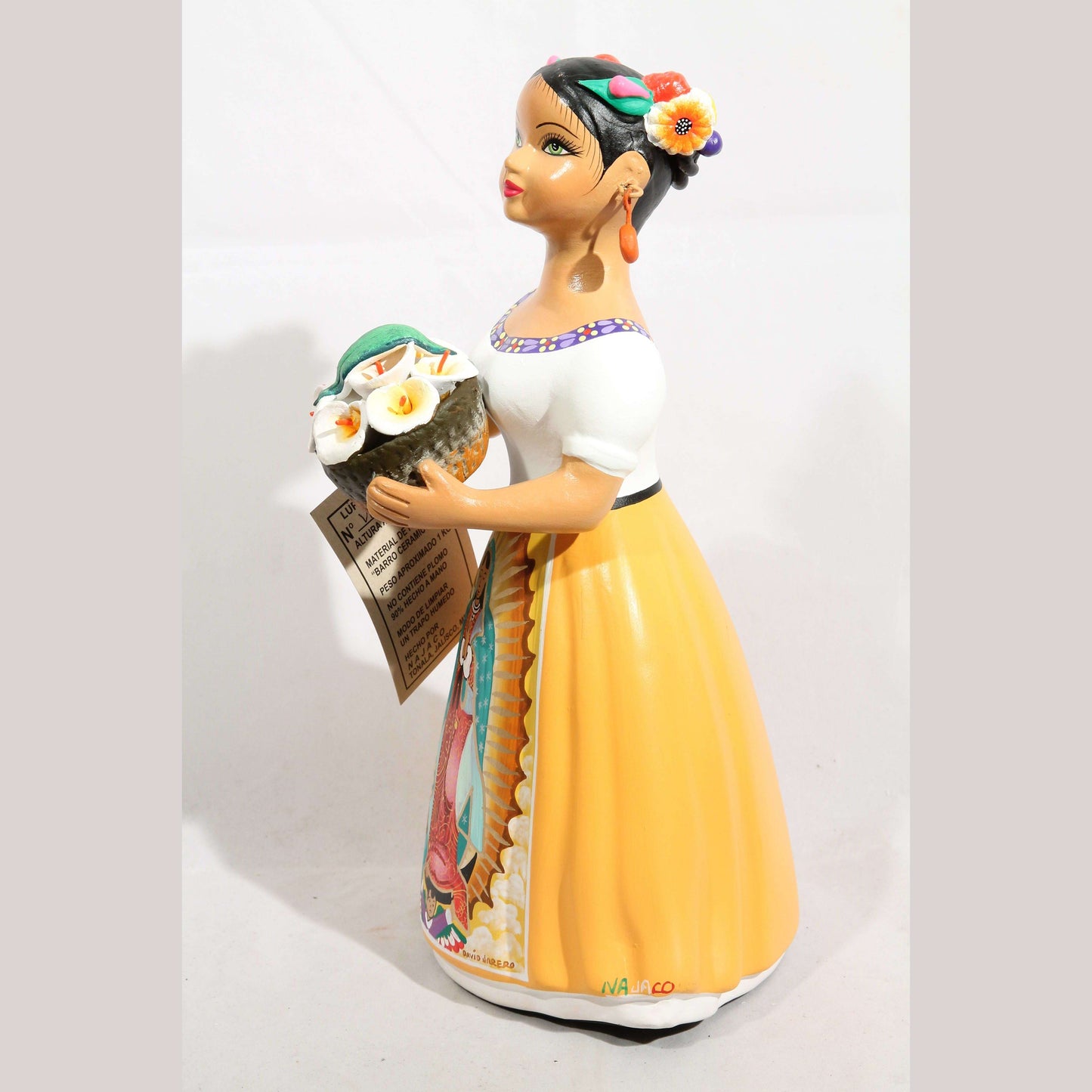 Lupita NAJACO Ceramic Doll Mexico Our Lady Guadalupe Lilies Mustard #3