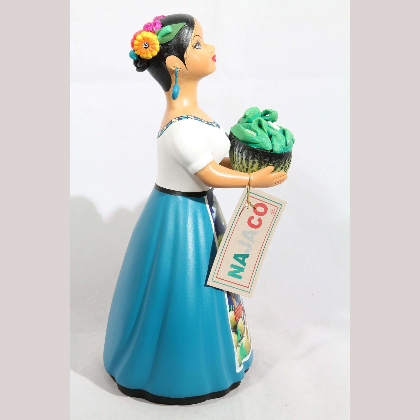 Lupita Najaco Ceramic Doll/Figurine Corn Basket Mexican Folk Art Teal