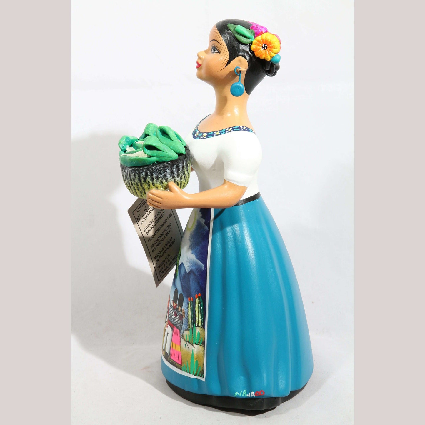 Lupita Najaco Ceramic Doll/Figurine Corn Basket Mexican Folk Art Teal