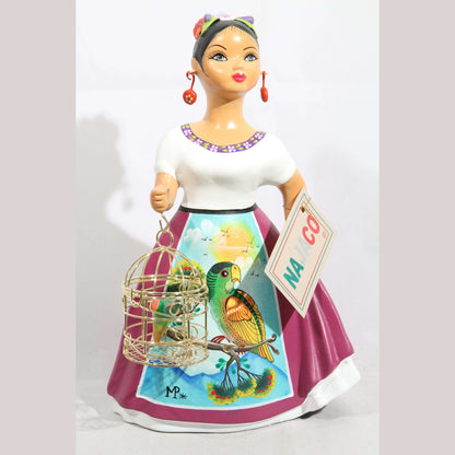 Lupita Doll Parrot Cage Purple Dress Ceramic Mexican Folk Art