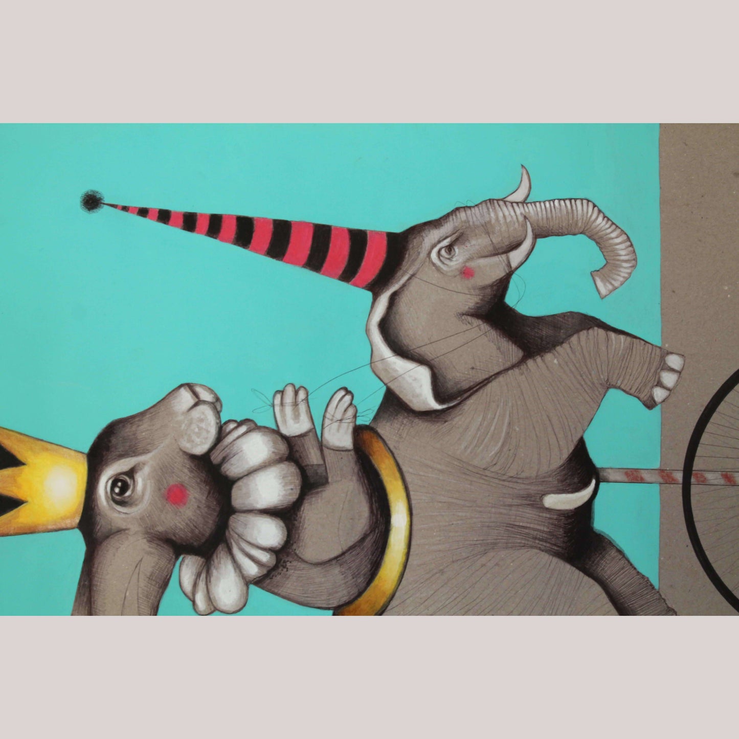 Lg Mexican Acrylic Fine Art Painting Signed Décor Hermes Diaz Rabbit/Elephant