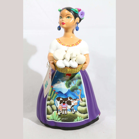 "Lupita" Female Ceramic Doll Cheese Basket Original Plum Skirt Clay Pottery