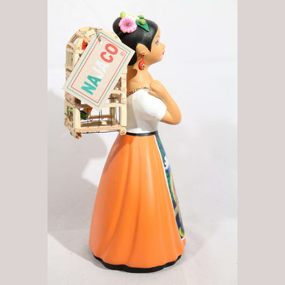 Lupita NAJACO Ceramic Doll Figurine Mexico Folk Art Back Cage Bird Orange