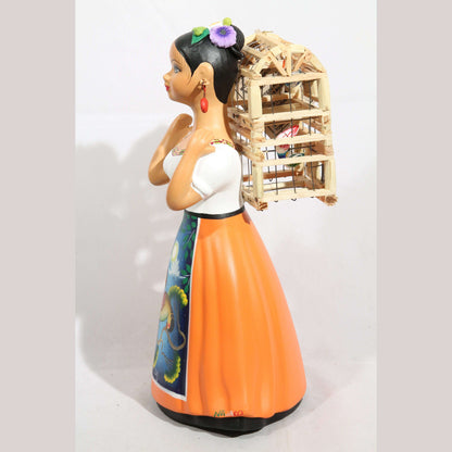 Lupita NAJACO Ceramic Doll Figurine Mexico Folk Art Back Cage Bird Orange
