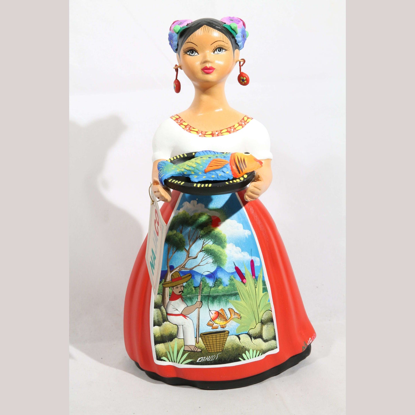 Lupita NAJACO Ceramic Doll/Figurine Mexican Folk Art Plate Fish Décor Red