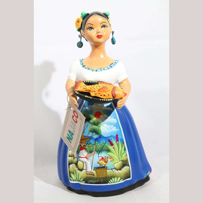 Lupita Doll NAJACO W Plate of Fish Royal Blue Dress Ceramic Mexican