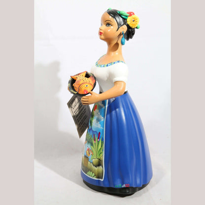 Lupita Doll NAJACO W Plate of Fish Royal Blue Dress Ceramic Mexican