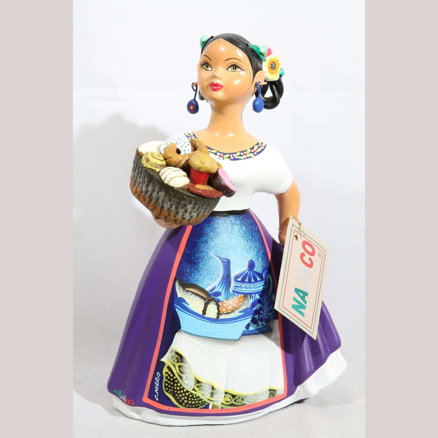 Lupita Doll Basket Sweet Bread Espanola Skirt Plum Ceramic Mexican Folk Art