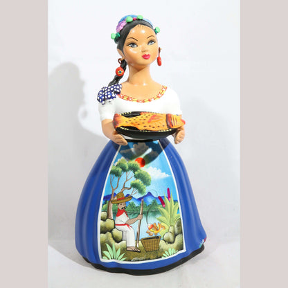 Lupita Doll NAJACO W Plate of Fish Royal Blue Dress Ceramic Mexican #3