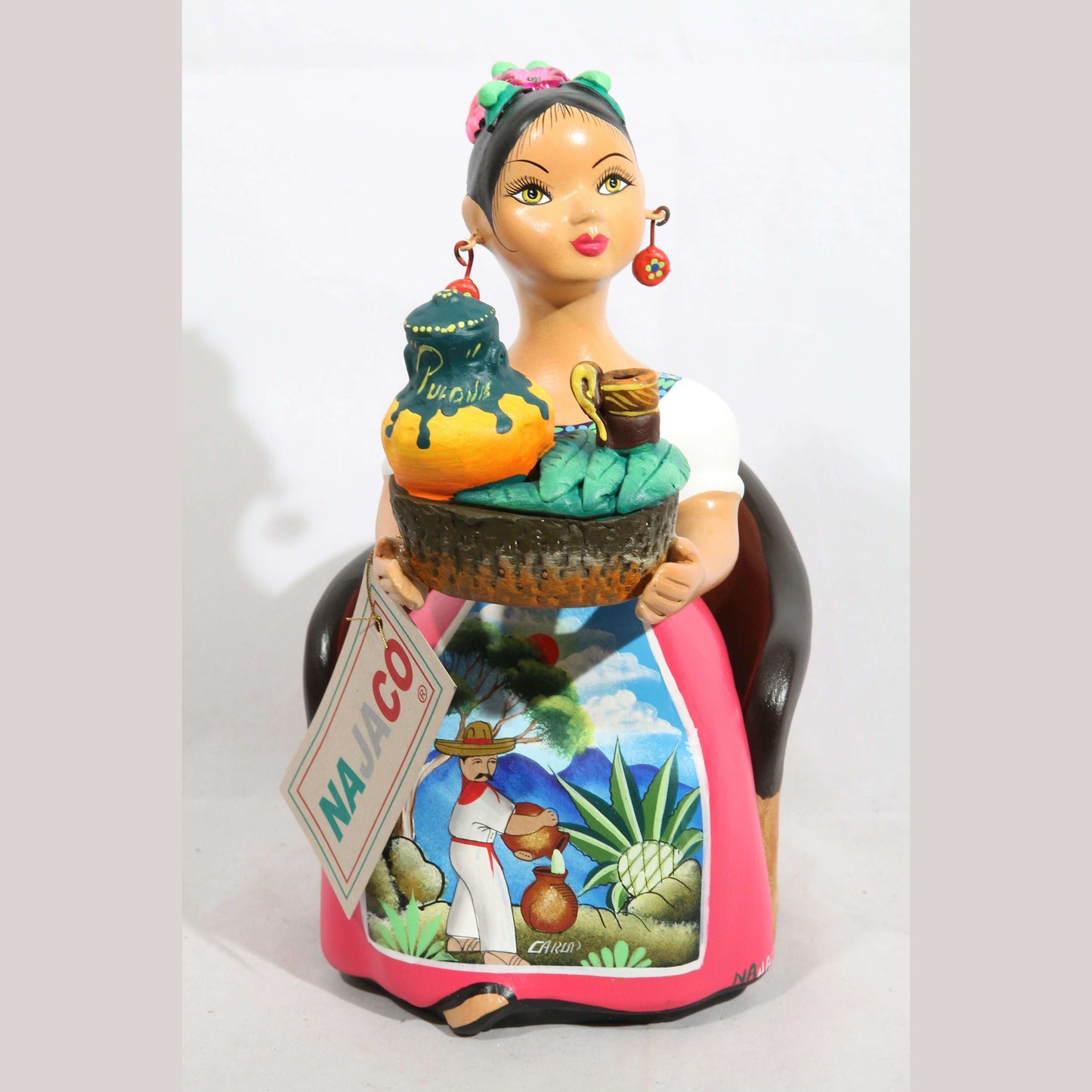 "Lupita" Najaco Doll Ceramic Figurine "Sitting Pulquera" Fuchsia Skirt