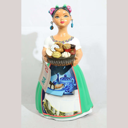 Lupita Doll Sweet Bread Basket Green Ceramic Mexican Figurine #3