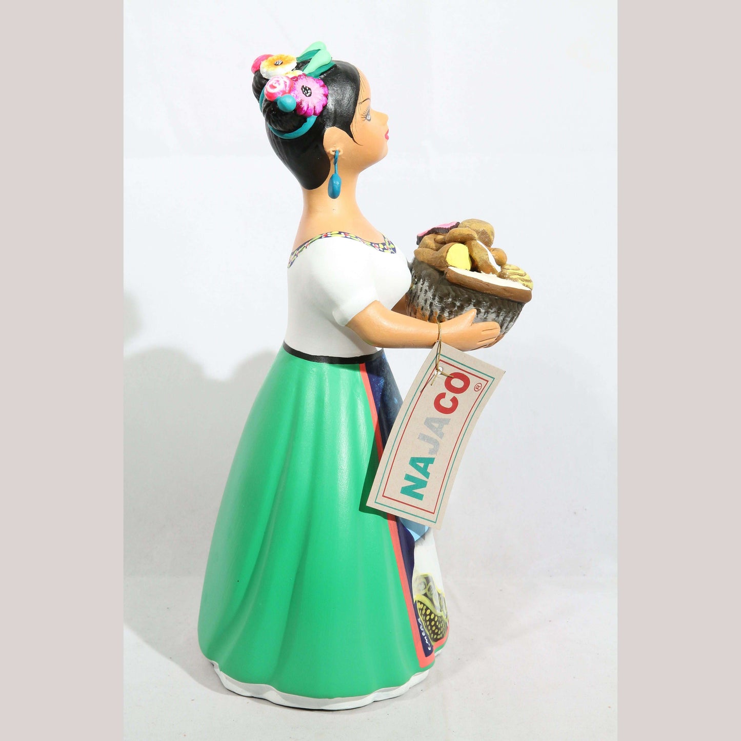 Lupita Doll Sweet Bread Basket Green Ceramic Mexican Figurine #3