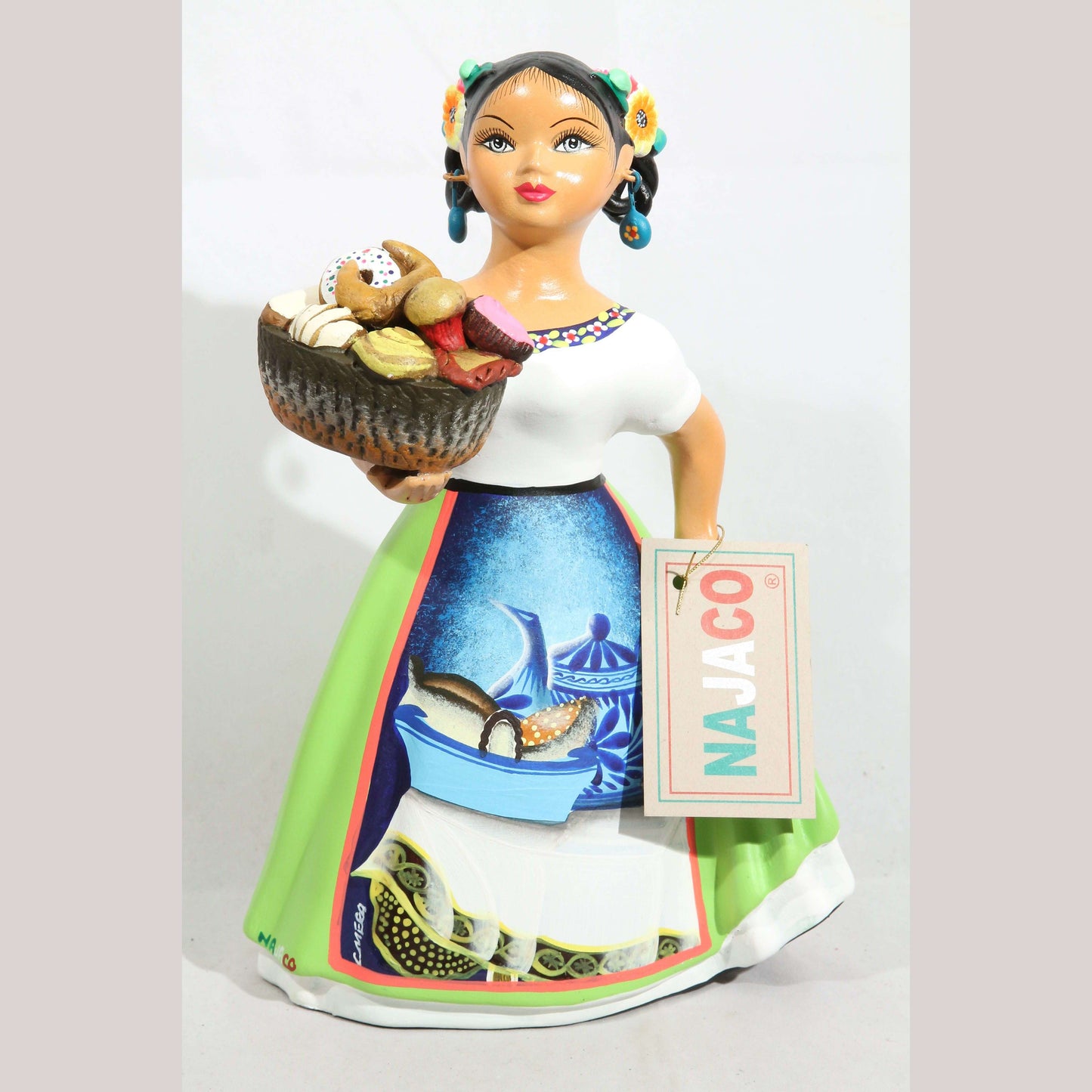Lupita Ceramic Doll Basket Sweet Bread Espanola Skirt Lime Green