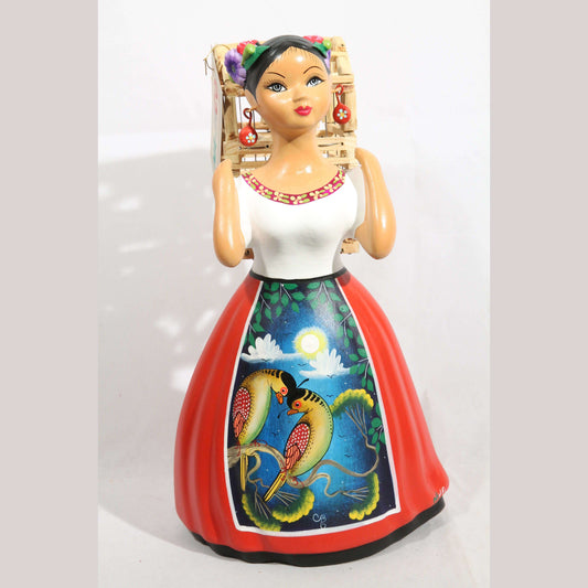 Lupita Doll Back Bird Cage Red Skirt Ceramic Mexican Folk Art #2