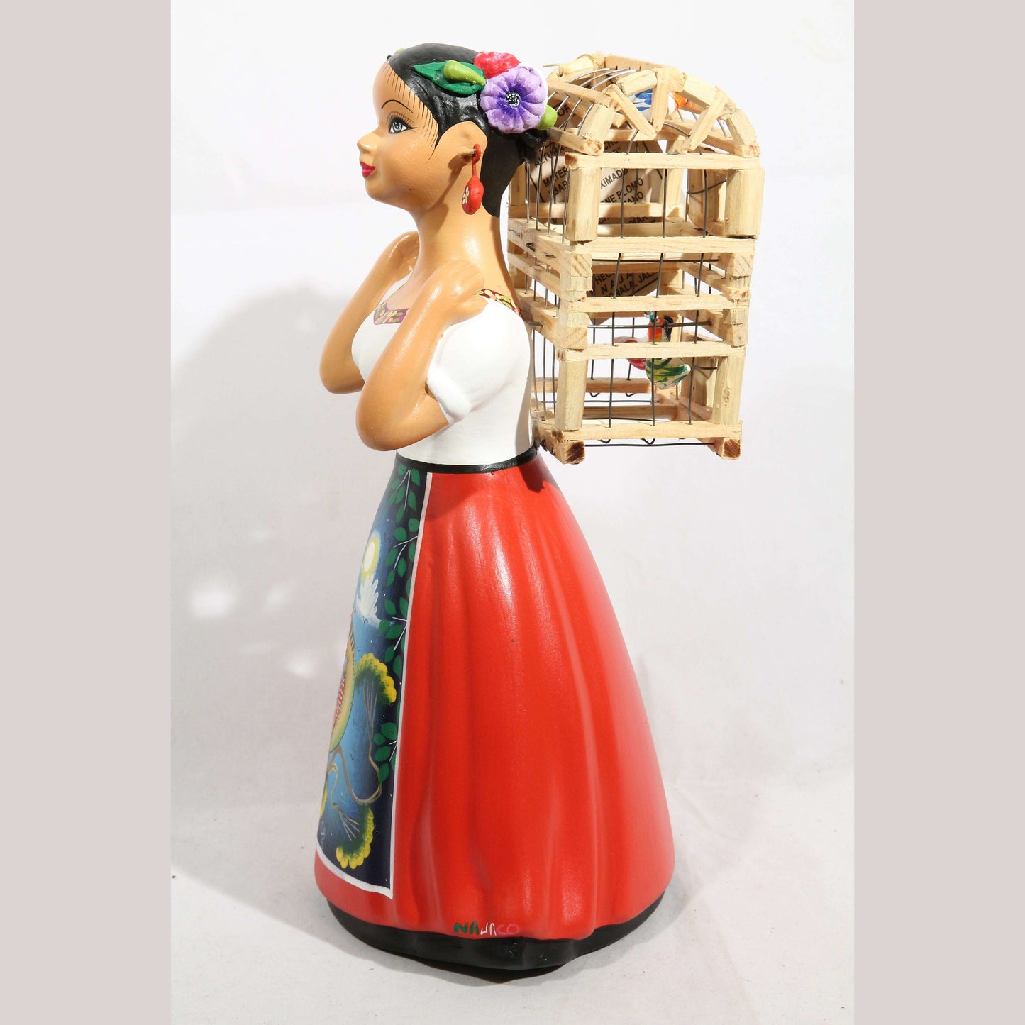 Lupita Doll Back Bird Cage Red Skirt Ceramic Mexican Folk Art #2
