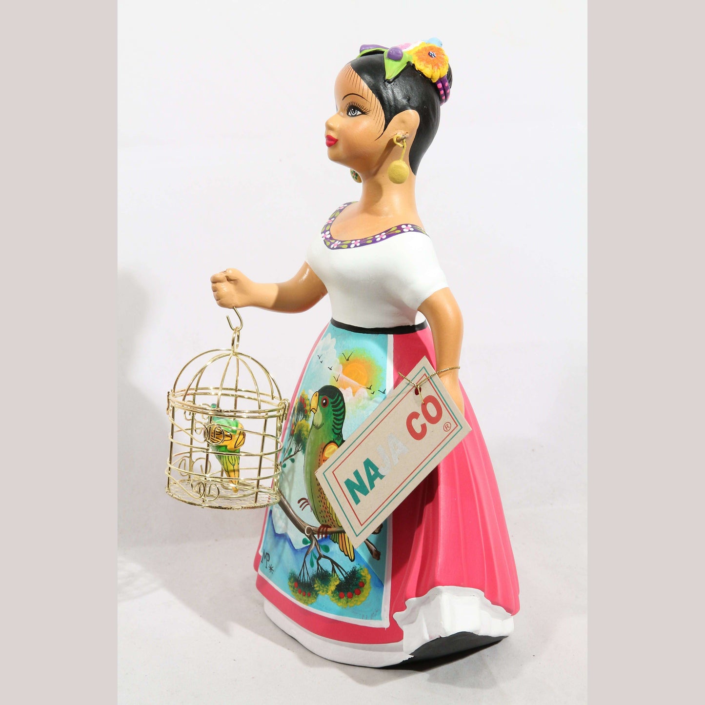 Lupita Doll Parrot Cage Fuchsia Dress NAJACO Ceramic Mexican Folk Art